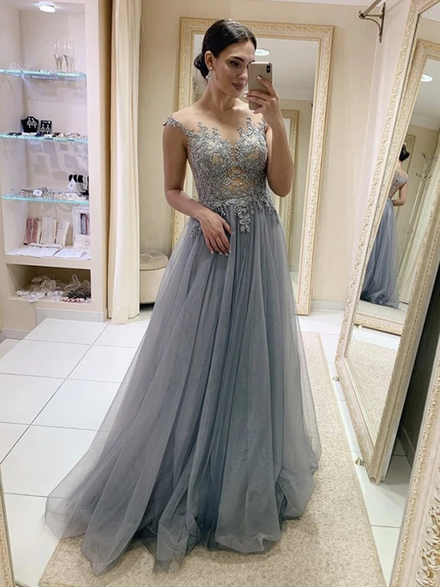 A Line Round Neck Cap Sleeves Lace Prom, Formal,Evening Dresses