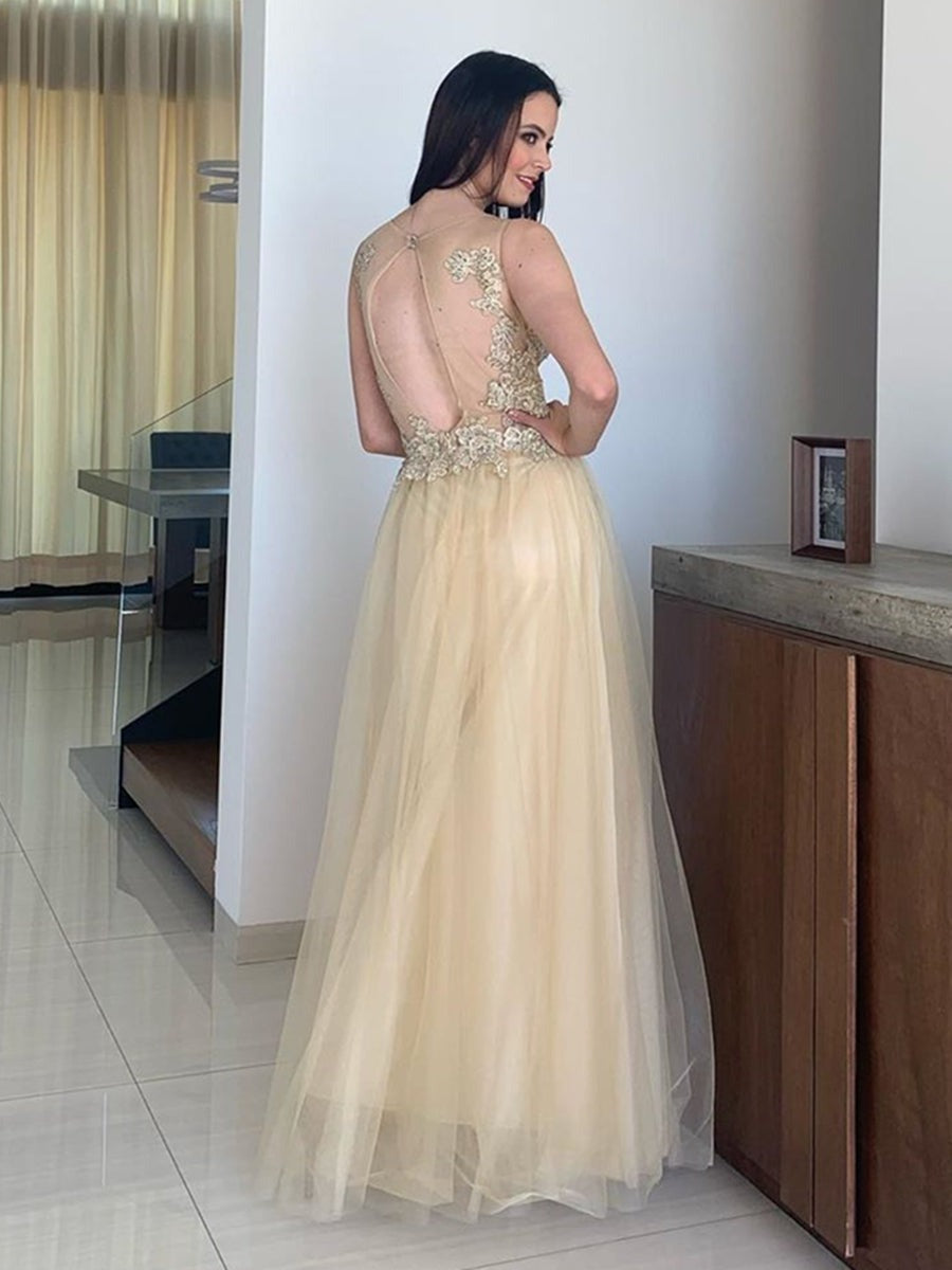 A Line Round Neck Lace Long Prom,  Formal Graduation Evening Dresses