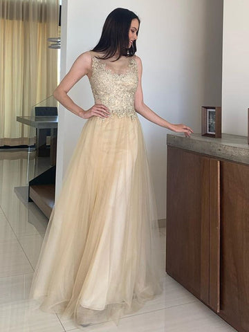 A Line Round Neck Lace Long Prom,  Formal Graduation Evening Dresses