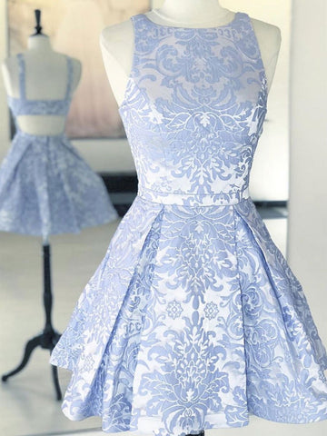 A Line Round Neck Open Back Short  Lace Prom, Formal Homecoming Graduation Dress