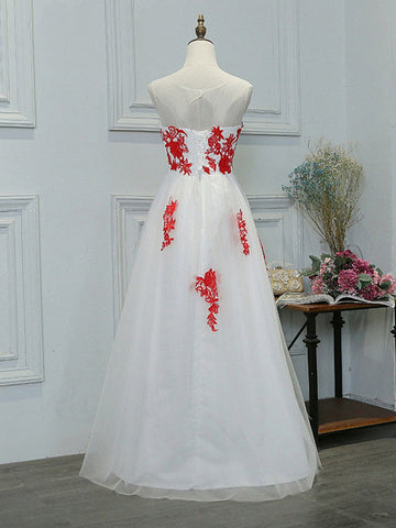 A Line Round Neck Lace Appliques White Prom Dress