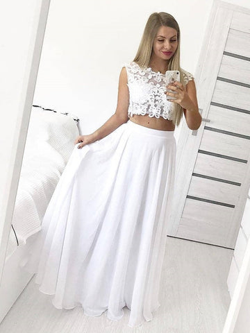 A Line Round Neck Two Pieces Lace  Prom, Formal Graduation Evening,  Bridesmaid