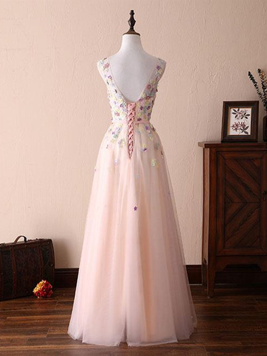 A Line Round Necks Appliques Light Pink Prom Dresses