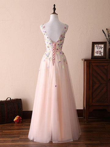 A Line Round Necks Appliques Light Pink Prom Dresses