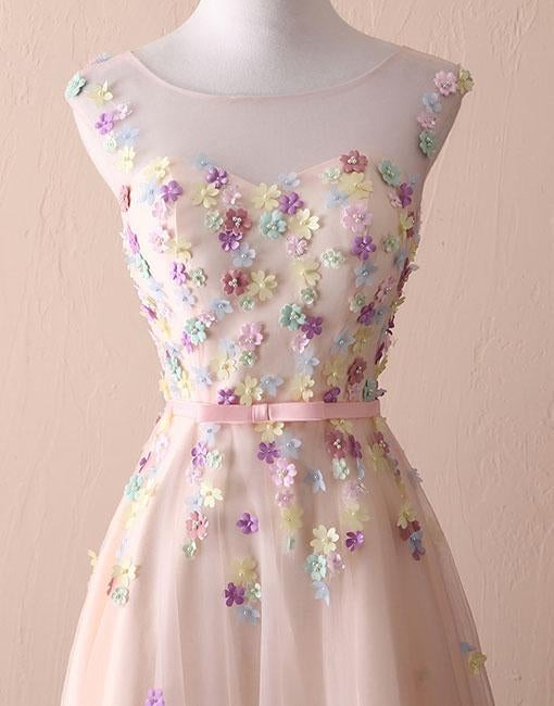 A Line Round Necks Appliques Light Pink Prom Dresses