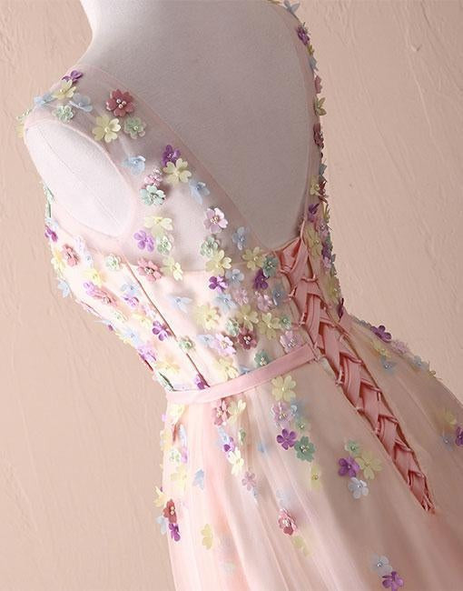 A Line Round Necks Appliques Light Pink Prom Dresses