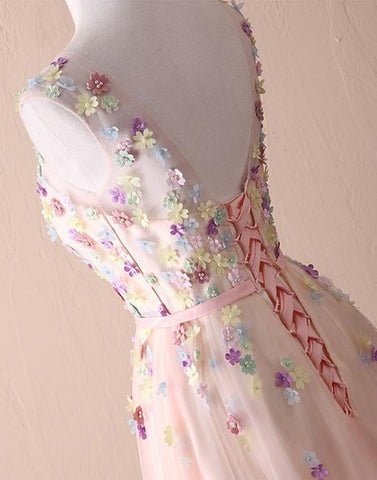 A Line Round Necks Appliques Light Pink Prom Dresses