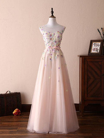 A Line Round Necks Appliques Light Pink Prom Dresses