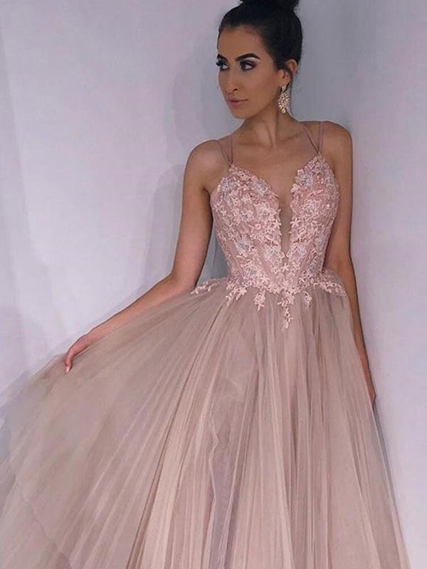 A Line Spaghetti Straps Backless Lace Appliques Prom Dress