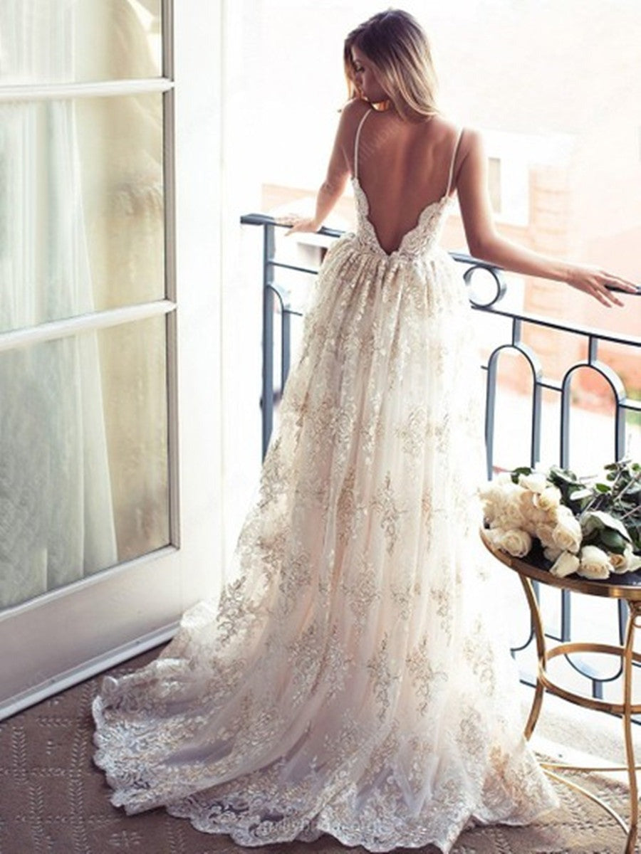 A Line Spaghetti Straps Backless Lace Appliques Ivory Wedding, Lace  Prom, Formal, Evening