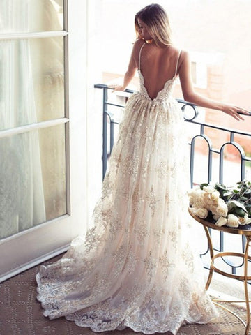 A Line Spaghetti Straps Backless Lace Appliques Ivory Wedding, Lace  Prom, Formal, Evening