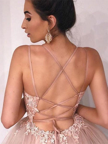 A Line Spaghetti Straps Backless Lace Appliques Prom Dress