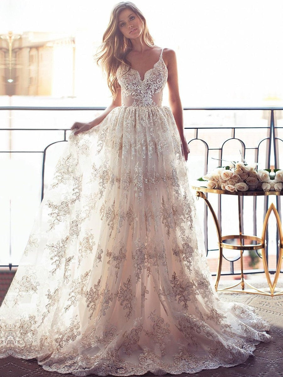 A Line Spaghetti Straps Backless Lace Appliques Ivory Wedding, Lace  Prom, Formal, Evening