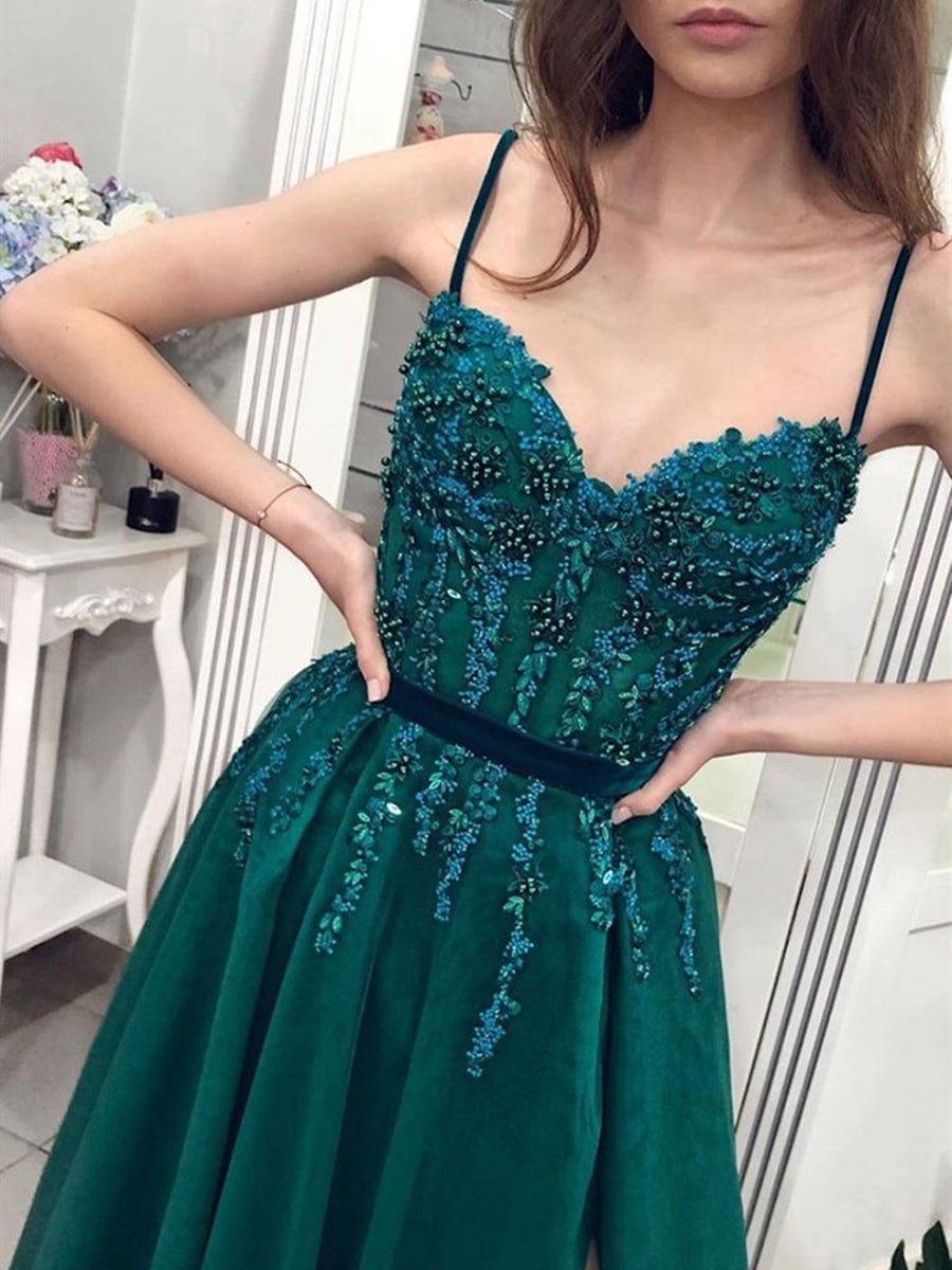 A Line Spaghetti Straps Sweetheart Neck Beaded  Long Prom with Slit, Formal, Evening Dress