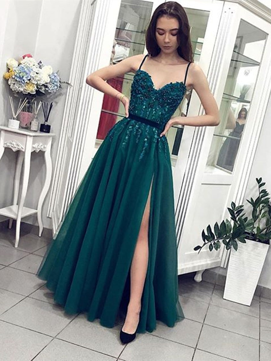 A Line Spaghetti Straps Sweetheart Neck Beaded  Long Prom with Slit, Formal, Evening Dress