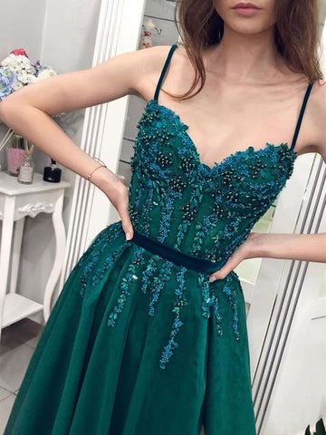 A Line Spaghetti Straps Sweetheart Neck Beaded  Long Prom with Slit, Formal, Evening Dress