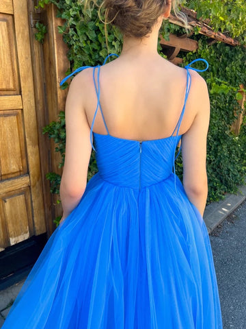 A-Line Blue Spaghetti Straps Tea Length Prom Dress ,Homecoming Dress