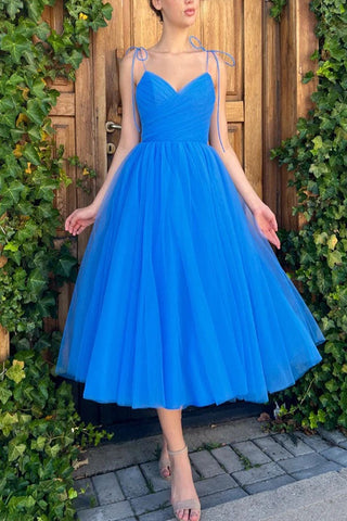 A-Line Blue Spaghetti Straps Tea Length Prom Dress ,Homecoming Dress