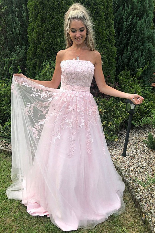 A Line Tulle Strapless Prom Dress With Appliques