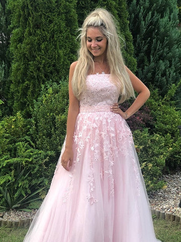 A Line Tulle Strapless Prom Dress With Appliques