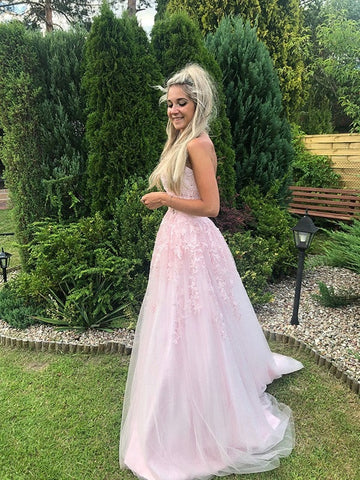 A Line Tulle Strapless Prom Dress With Appliques