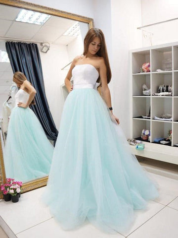 A Line Strapless Two Pieces Floor Length Lace Prom Dress