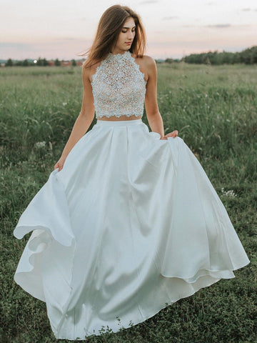 A Line Two Pieces Lace  Prom,  Lace Formal, Two Pieces  Evening Dress