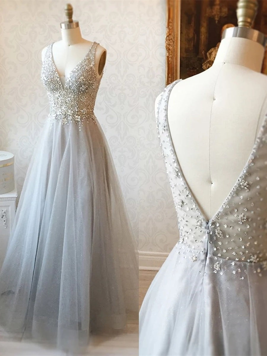 A Line V Neck and V Back Beaded Long Prom,  Formal, Evening Dresses