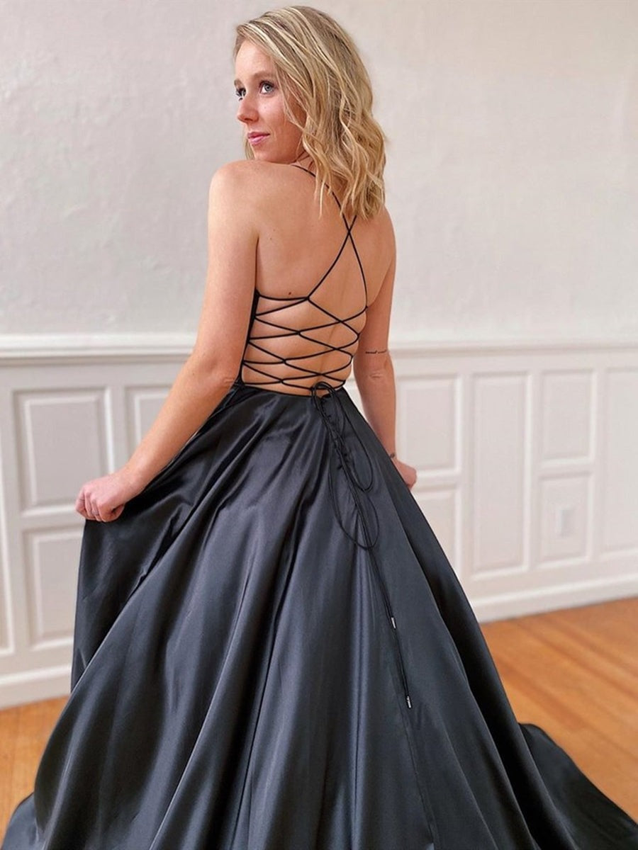 A Line Backless V Neck Long Prom, Formal, Evening, Party Dresses