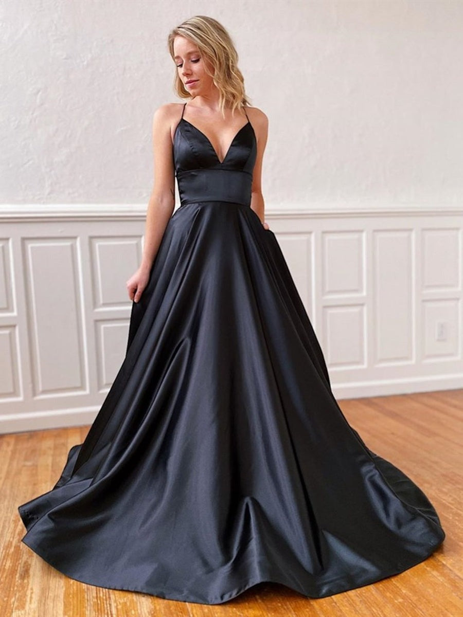 A Line Backless V Neck Long Prom, Formal, Evening, Party Dresses