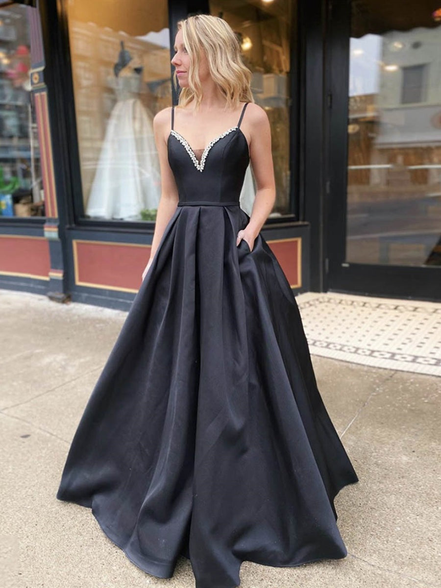 A Line Backless V Neck  Long Prom with Beadings, Formal, Evening Dresses