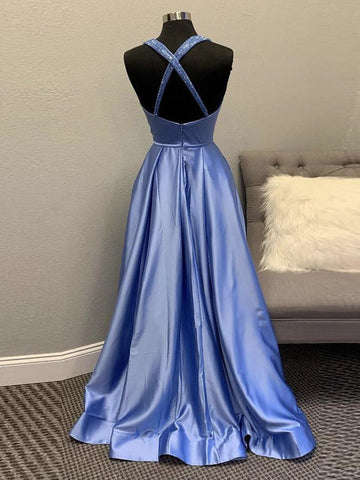 A Line Backless V Neck  Long Prom,Formal Graduation Evening Dresses
