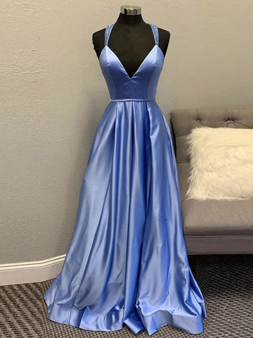 A Line Backless V Neck  Long Prom,Formal Graduation Evening Dresses