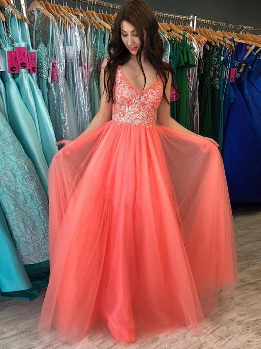 A Line Backless V Neck  Lace Long Prom, Formal, Evening Dresses