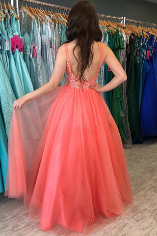 A Line Backless V Neck  Lace Long Prom, Formal, Evening Dresses
