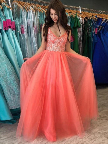 A Line Backless V Neck  Lace Long Prom, Formal, Evening Dresses