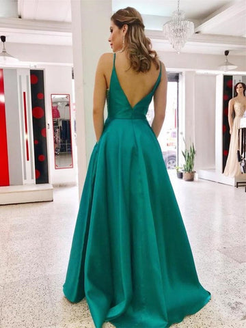 A Line Backless V Neck Long Prom with Pocket, Formal Graduation Evening Dresses