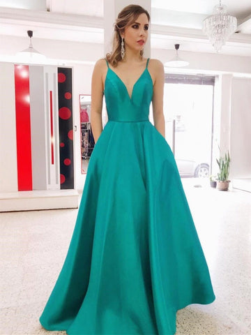 A Line Backless V Neck Long Prom with Pocket, Formal Graduation Evening Dresses