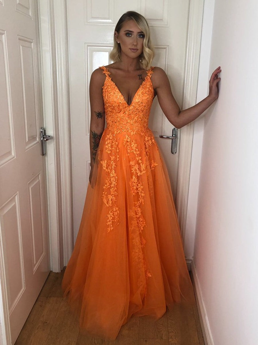 A Line V Neck Backless Lace Prom,  Lace Formal,  Lace Evening Dress