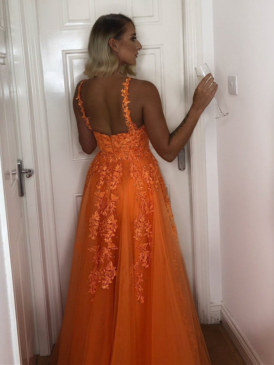 A Line V Neck Backless Lace Prom,  Lace Formal,  Lace Evening Dress