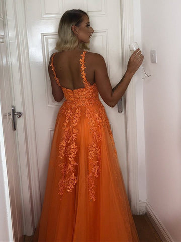 A Line V Neck Backless Lace Prom,  Lace Formal,  Lace Evening Dress