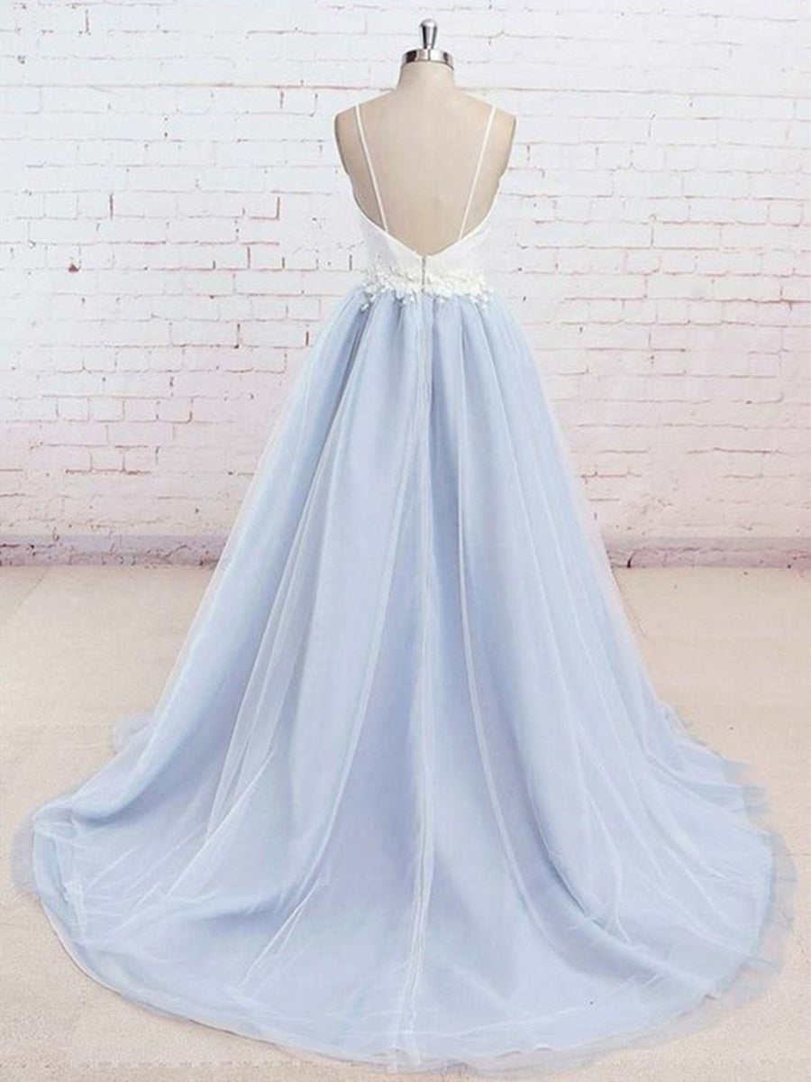 A Line V Neck Backless Tulle Long Prom Dress with  Lace Appliques
