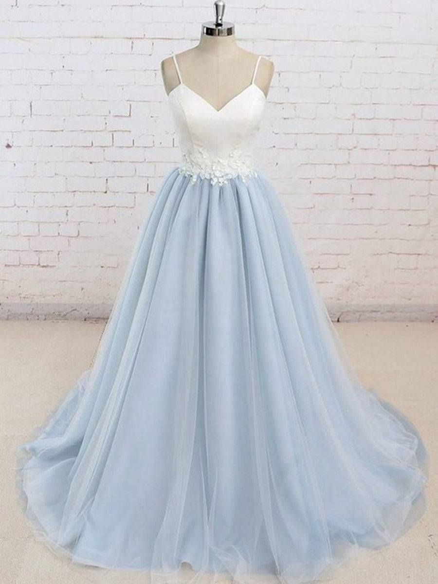 A Line V Neck Backless Tulle Long Prom Dress with  Lace Appliques