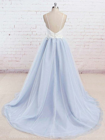 A Line V Neck Backless Tulle Long Prom Dress with  Lace Appliques