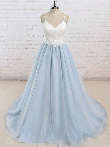A Line V Neck Backless Tulle Long Prom Dress with  Lace Appliques