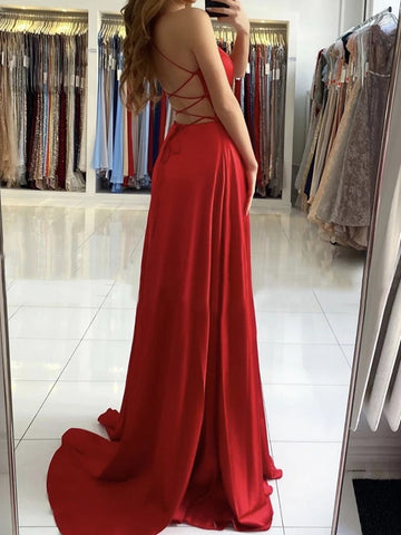 A Line Backless V Neck Long Prom with High Slit,Formal Graduation Evening Dresses