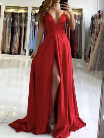 A Line Backless V Neck Long Prom with High Slit,Formal Graduation Evening Dresses