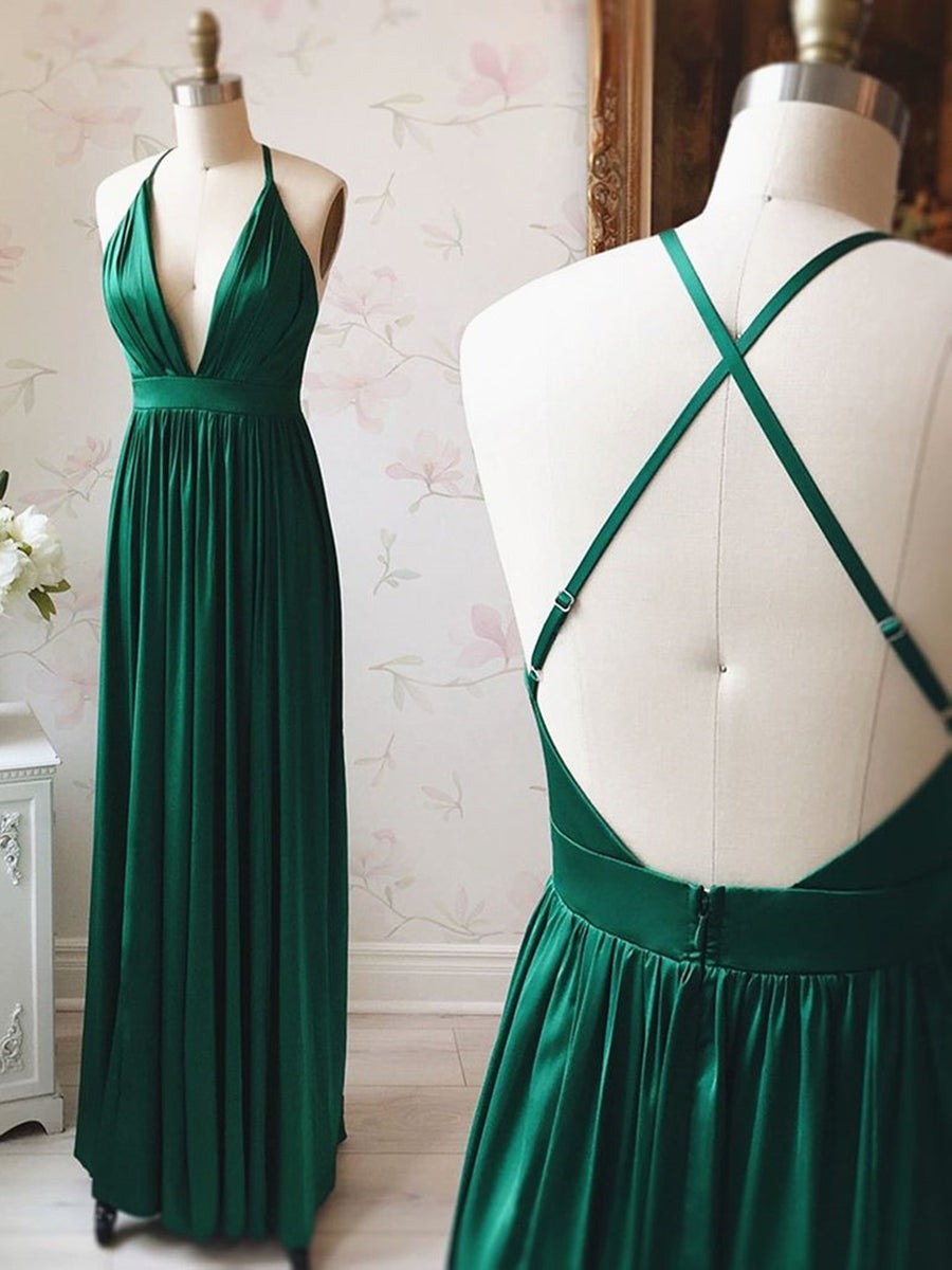 A Line V Neck Backless Pleated  Long Prom,  Formal Graduation Evening Dress