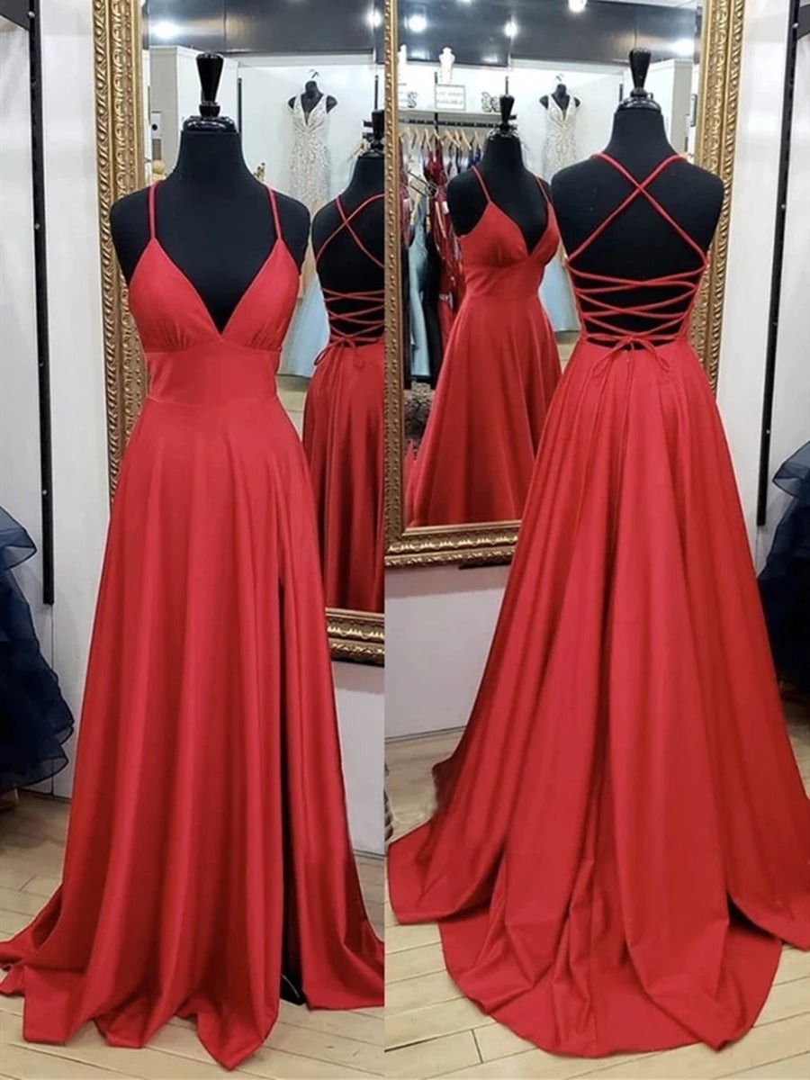 A Line Backless V Neck  Long Prom,Formal,Evening Dresses