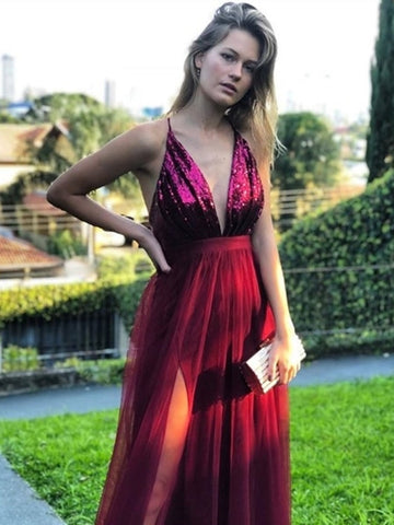 A Line V Neck Backless Sequins Top Prom with Slit, V Neck  Formal,  Evening